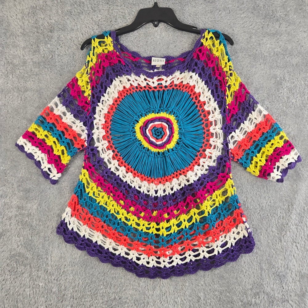 Sioni Studio Womens Crochet Knit Cold Shoulder Top Multi Color Boho L/XL 0526 X